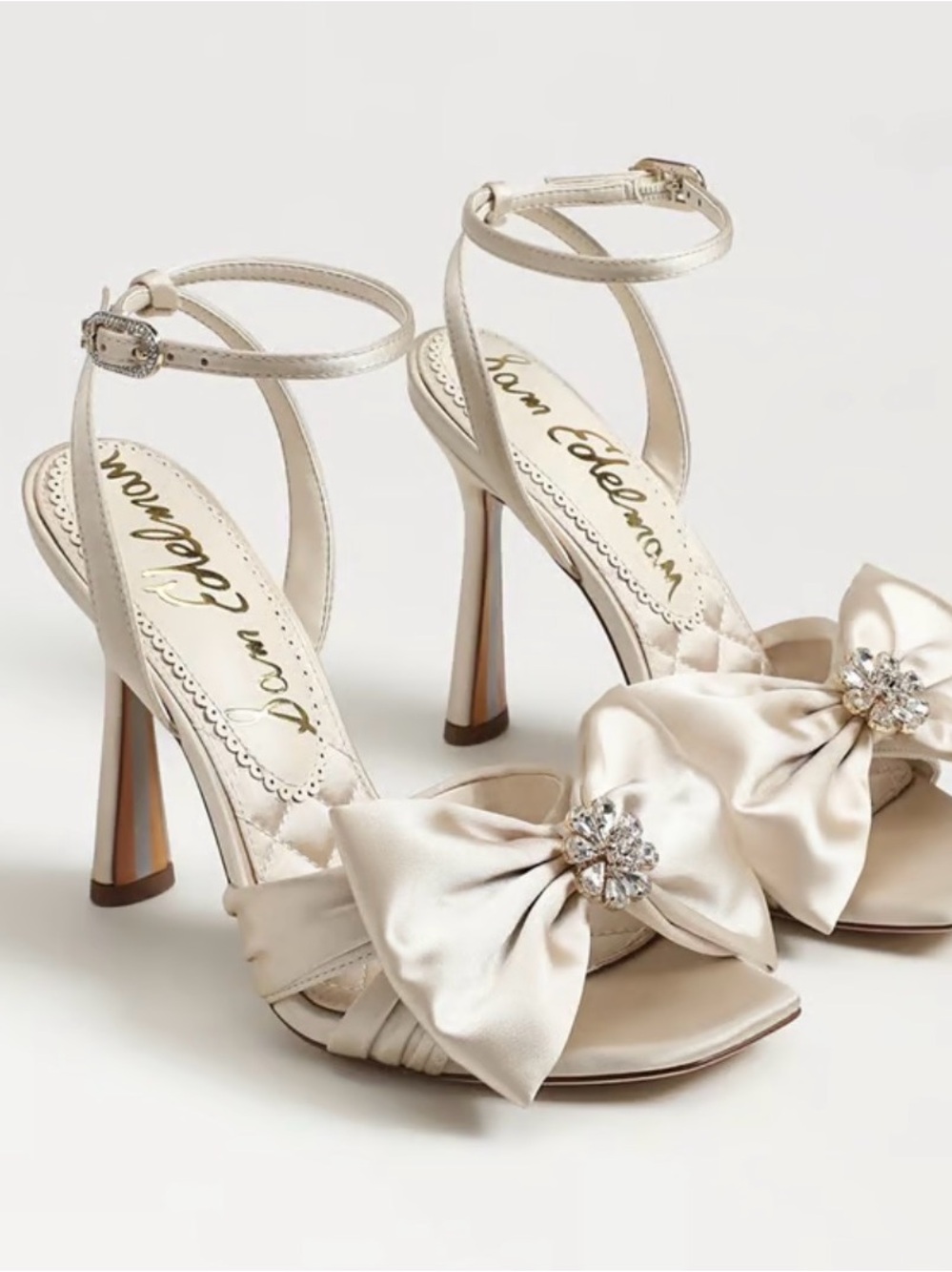 NWT Sam Edelman Ivory Satin Bow Crystal-Ankle stiletto Heels sz 6.5 sandal